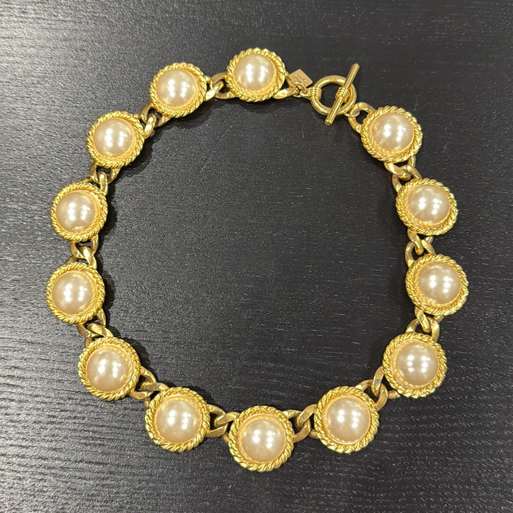 Anne Klein Vintage Faux Pearl Gold Toggle Necklace